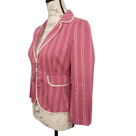 Express | Blazer Pink Ivory Stripe Fitted Lined Jacket Cotton Stretch | Size 4 - Picture 2 of 9